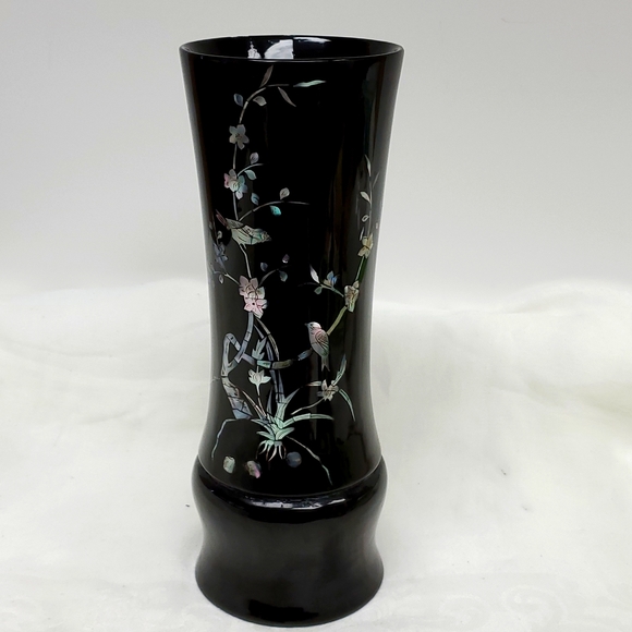 Vintage Lacquered mother of pearl inlaid wood vase - Picture 1 of 7